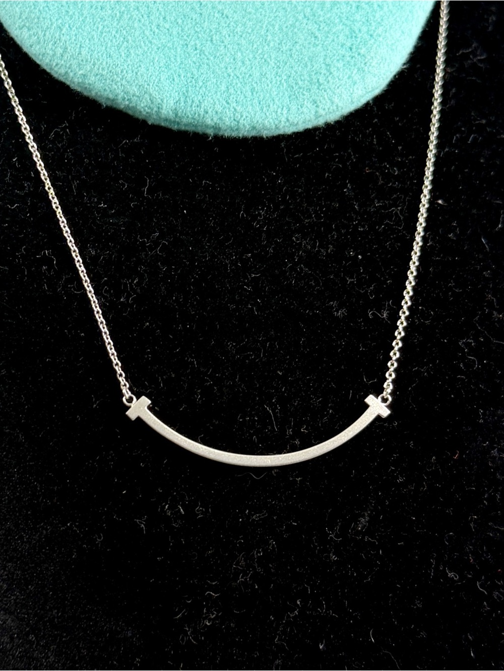 TIFFANY & CO. Sterling Silver Tiffany T Smile Bar Pendant 16-18” Necklace w/ COA